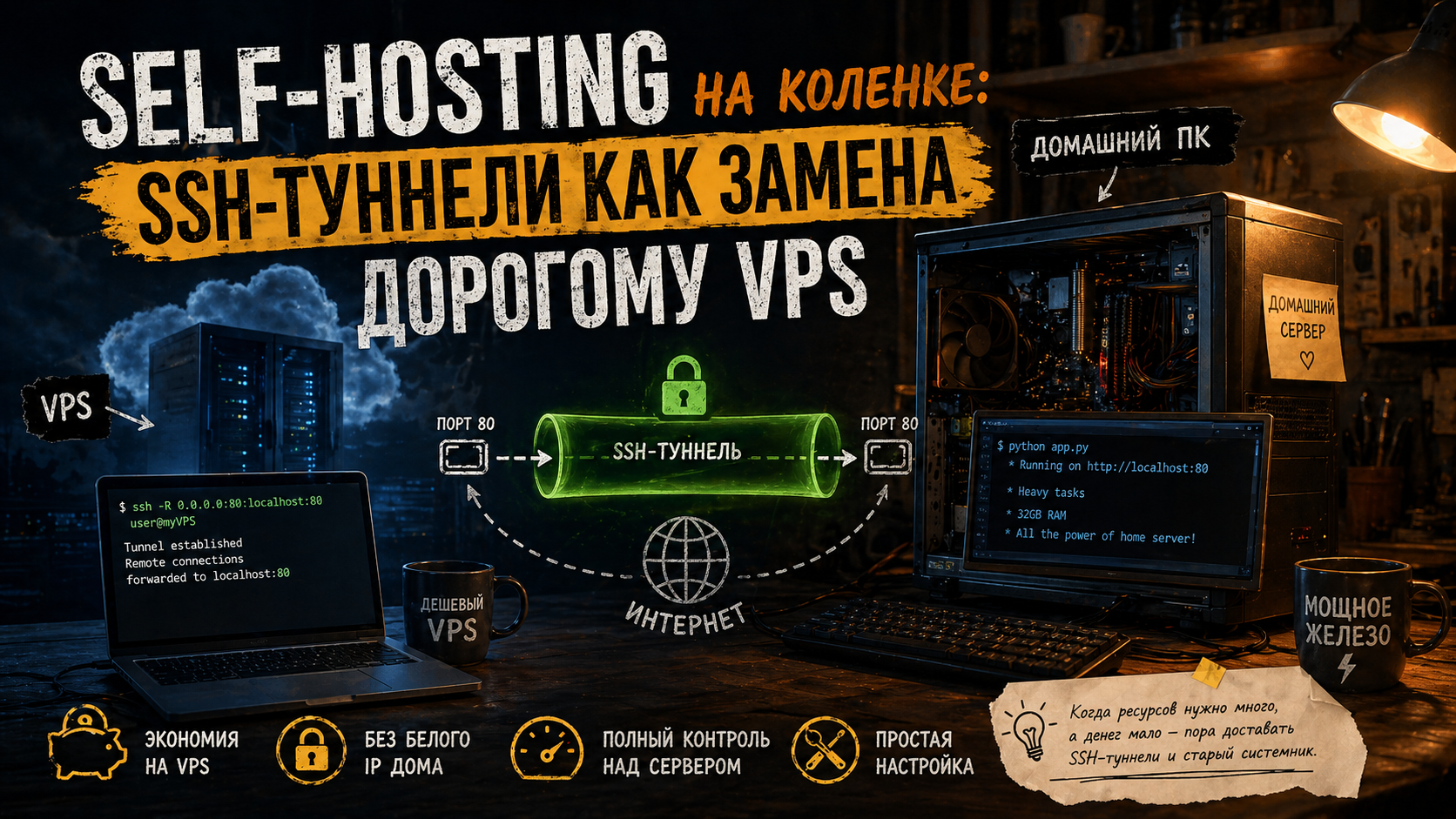 Схема SSH туннеля между VPS и домашним ПК