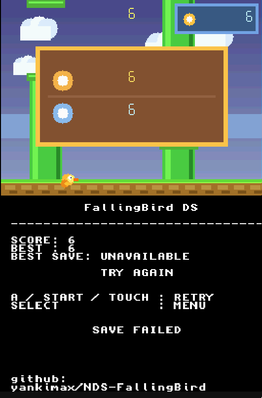 Экран проигрыша FallingBird DS
